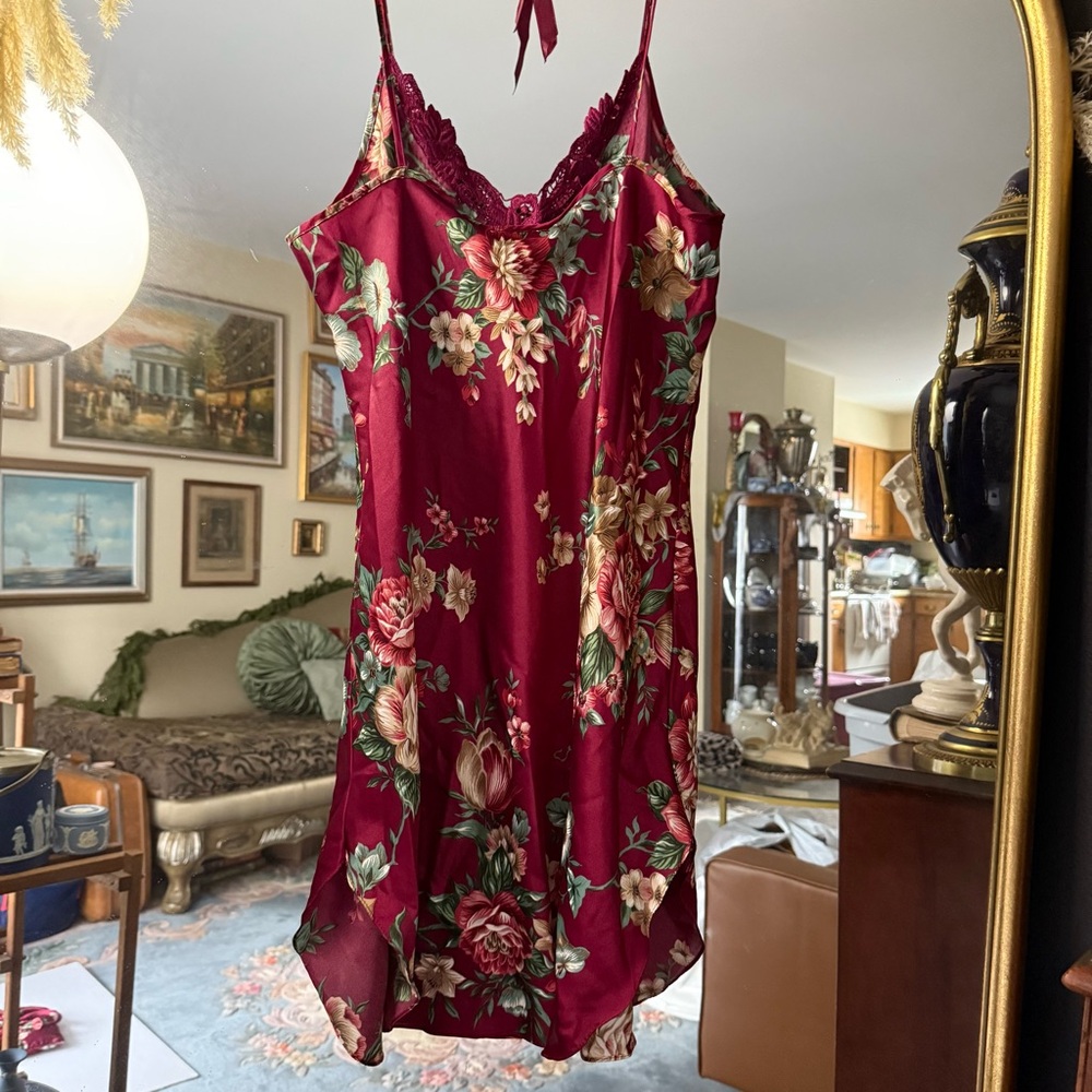 Dentelle 80s Vintage Magenta Floral Satin Lingerie w/ Hanger & Bag Made in USA - Picture 6 of 11